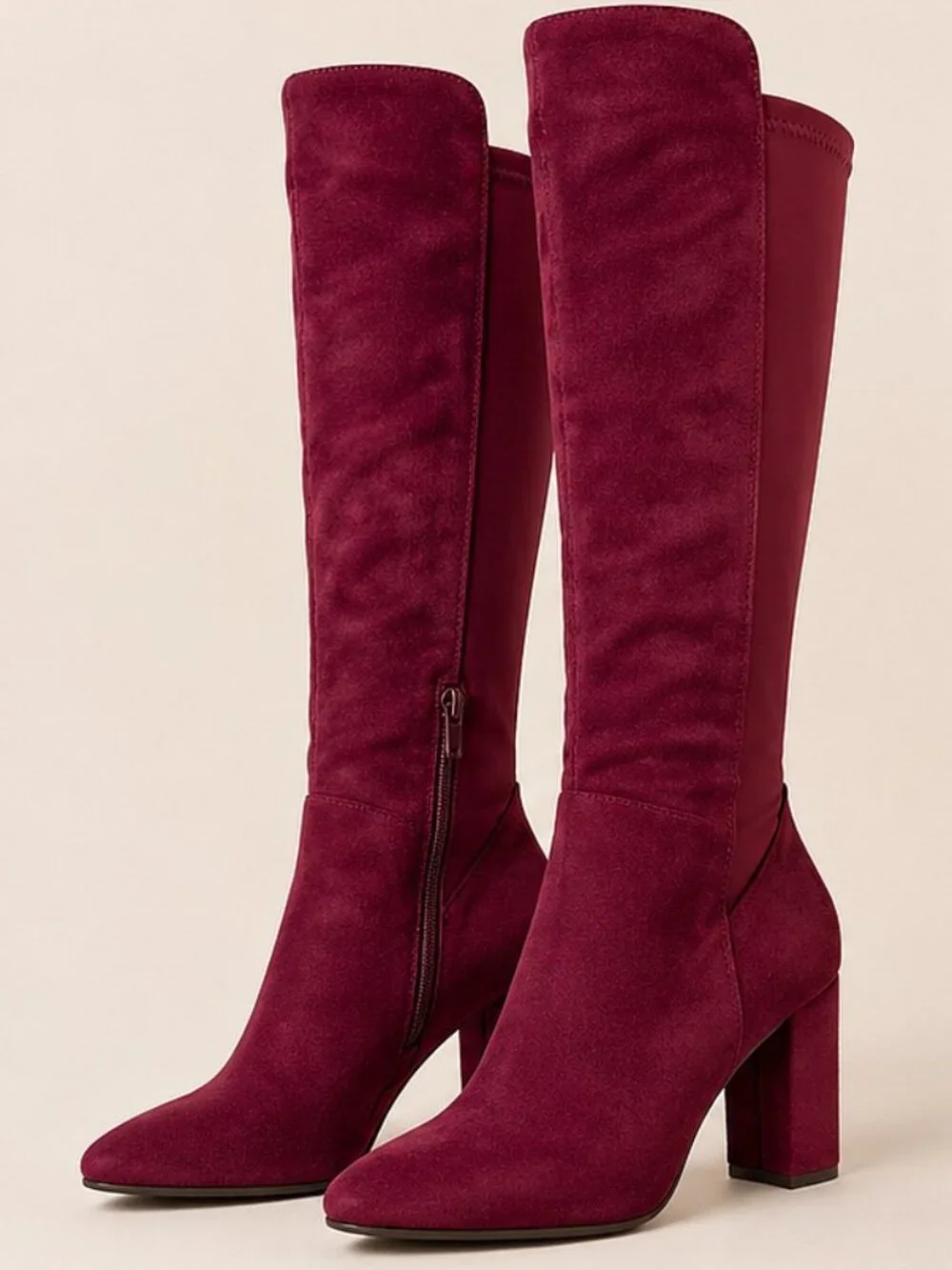 Wild Diva Blake-05 Knee High Foldable Block Heel Elastic Panel Burgundy Boots - Picture 2 of 7